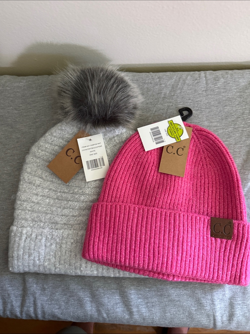 C.C Ribbed Beanie bundle - Pink & Light Gray with Faux Fur Pom
